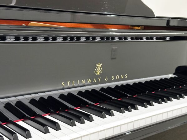 closeup photo of the Used Steinway M EP logo and keys